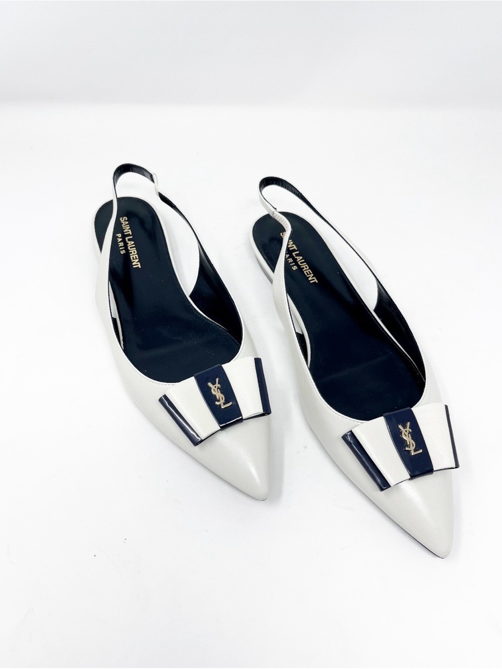 Saint Laurent Anais Slingback Flat White Blue Leather Bow YSL Logo size 39.5 EU